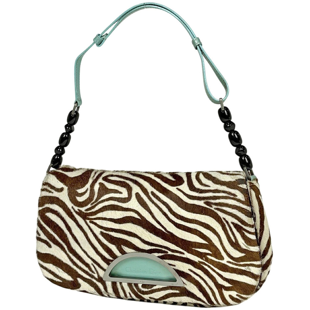 Christian Dior Maris Pearl Shoulder Bag Zebra Calfskin Brown White